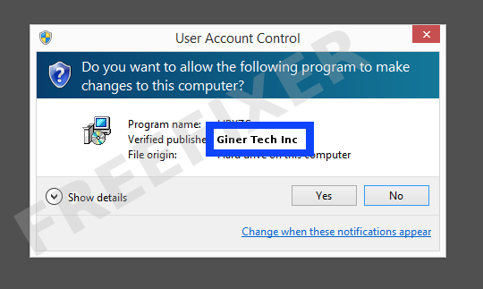 Screenshot where Giner Tech Inc appears as the verified publisher in the UAC dialog